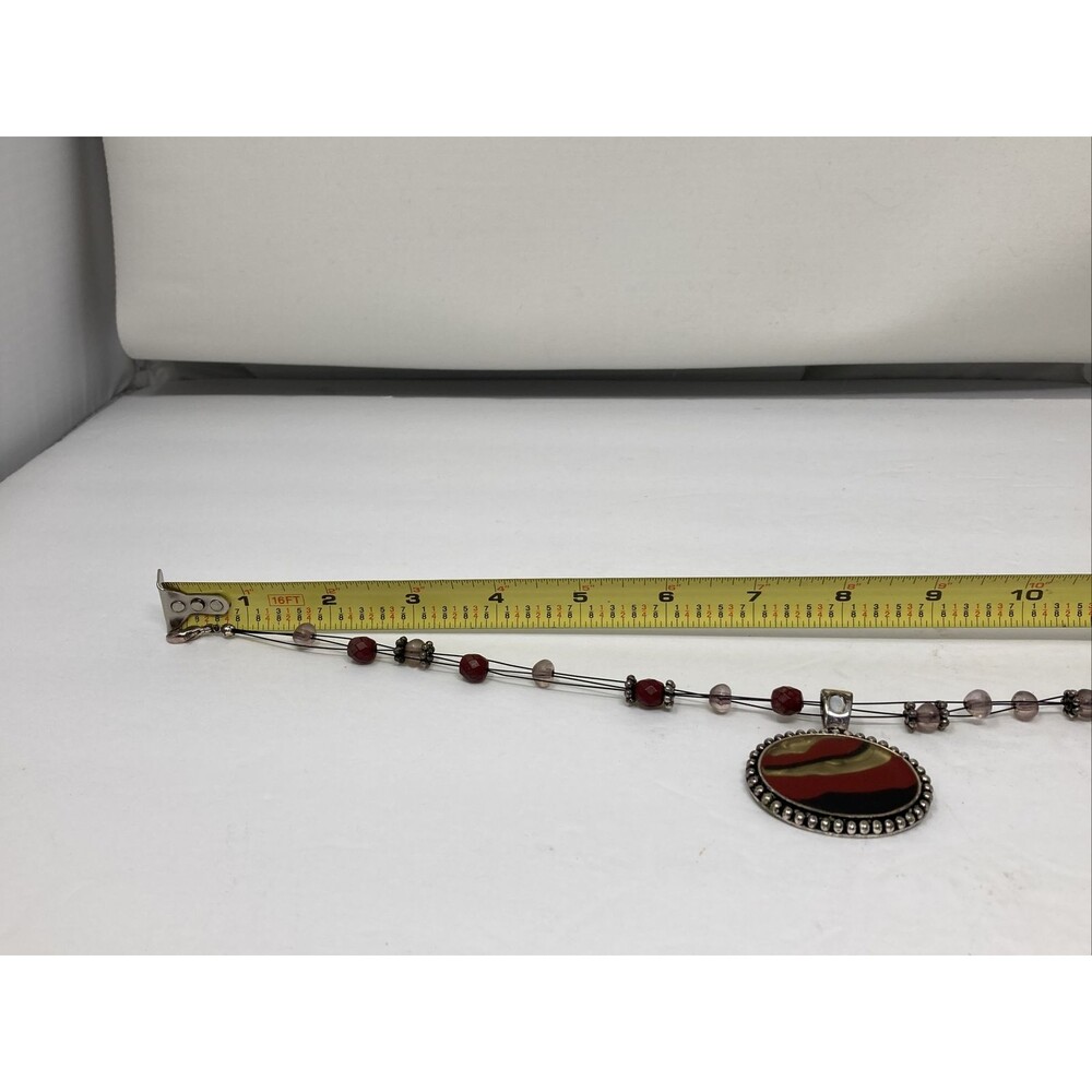 Pendant Necklace Signed HM Red Black Tan Oval with Beads Beaded - Picture 9 of 9